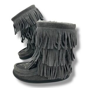 Manitobah Mukluks Buffalo Dancer Kids Size 3 Grey Suede Beaded Fringe Boots